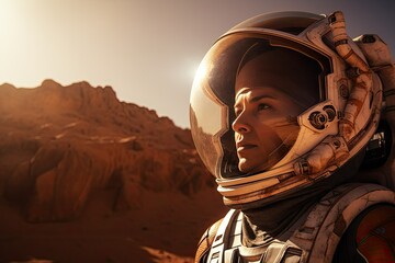Astronaut in the desert on an alien planet at sunset. 3D rendering. exploration of the universe. female cosmonaut on far planet. scifi and space travel concept.