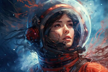 A female cosmonaut exploring the magical deep space. an astronaut woman in spacesuit. Fantasy and imagination. space exploration concept. mysterious universe. 3d illustration.