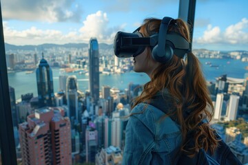 Fototapeta na wymiar urban scene, a young woman wears VR glasses, immersed in a virtual reality experience as she gazes out over the city skyline at sunset