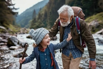 Exploring the Outdoors: A father and son hiking together in the mountains, bonding over shared experiences and creating cherished memories amidst the beauty of nature