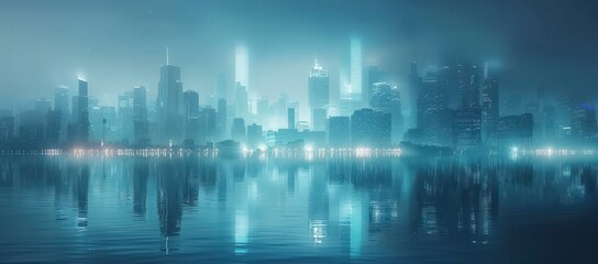 Panoramic city skyline at dusk: modern urban landscape with illuminated skyscrapers reflecting in the river, creating a beautiful abstract view of the metropolis