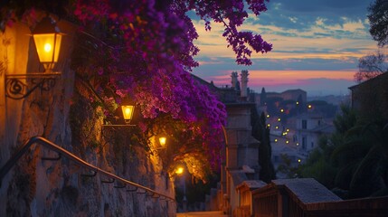 As twilight falls over Park Colle Oppio on The Oppian Hill, Rome, Italy, the soft glow of streetlights illuminates the blooming purple bougainvillea tree, casting a warm