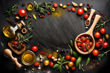 Food background. Top view of olive oil, cherry tomato, herbs and spices on rustic black slate. Colorful food ingredients border desipine, bordergn, branch, new, year, green, snow, merry, 