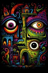 Colourful neon watercolour with multiple funny eyes, vertical art for design creative projects