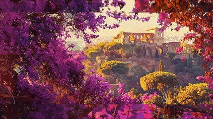 At Park Colle Oppio on The Oppian Hill in Rome, Italy, a magnificent purple bougainvillea tree...