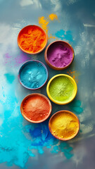 colorful and vibrant holi powder colors in bowl for celebration top view