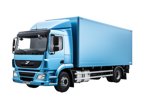 The side of a blue cargo truck on a transparent background PNG for inserting a logo.