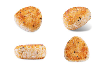 Yaki onigiri, Japanese triangular rice balls stuffed with shrimp on a white isolated background