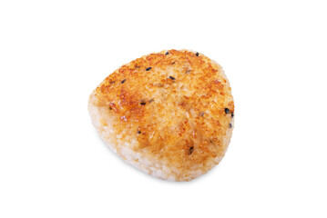 Yaki onigiri, Japanese triangular rice balls stuffed with shrimp on a white isolated background