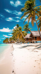 Obraz premium Bungalows of tropical beach with white sand, palm trees and turquoise waters.