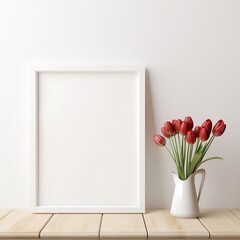white frame mockup with red tulips in a white vase