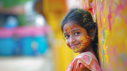 Obraz premium cute little girl covered in colorful vibrant holi colors hindu festival celebration