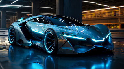 Futuristic Eco-Friendly Supercar Bathed in Neon Lights created with Generative AI technology