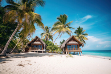 Bungalows of tropical beach with white sand, palm trees and turquoise waters.