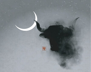 Ink painting with the head of a bull in mist and crescent moon and stars in the background. Traditional oriental ink painting sumi-e, u-sin, go-hua.  Hieroglyph - wisdom.