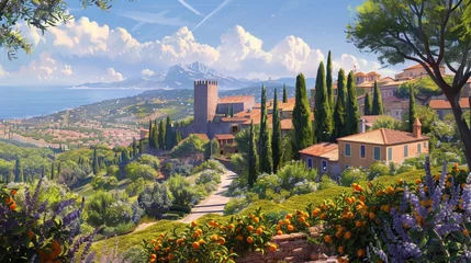 Foto op Canvas High above Bormes les Mimosas, atop a scenic hilltop, sits an ancient castle overlooking the village and the shimmering Mediterranean Sea beyond © usama