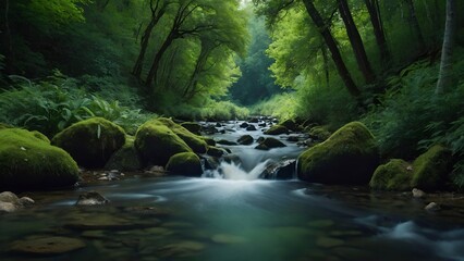Stream through the forest, natural green forest with trees.