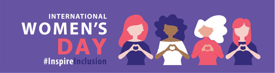 International Women s Day. Diverse women with heart-shaped hands stand together. Campaign 2024 inspireinclusion - obrazy, fototapety, plakaty