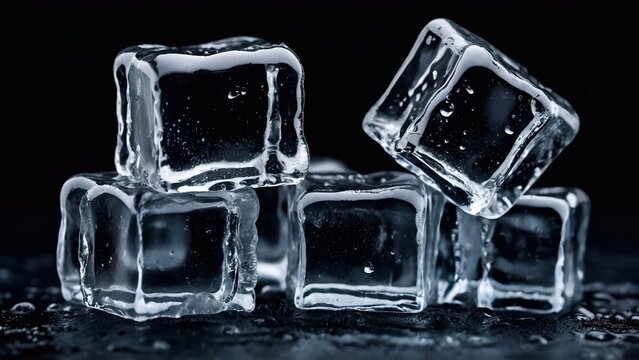 ice cubes stack with water drops on dark background