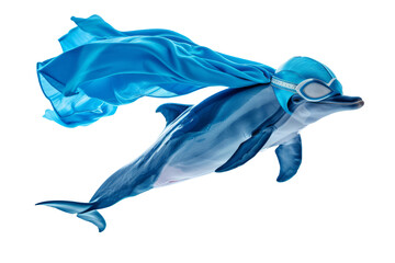 dolphin in superhero gear, leaping out of the imaginary ocean to save the day.