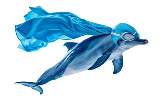 dolphin in superhero gear, leaping out of the imaginary ocean to save the day.