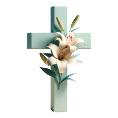 Minimal soft color Cross decorated with Easter lilies, Easter Sunday ,3D rendering png , isolated on a transparent background	