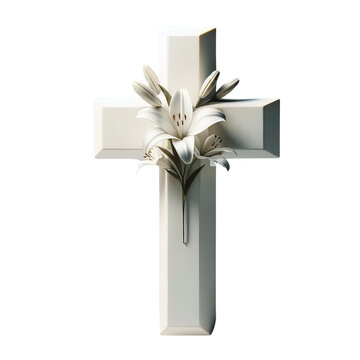 recommend clip art: Minimal white Cross decorated with Easter lilies, Easter Sunday ,3D rendering png , isolated on a transparent background	