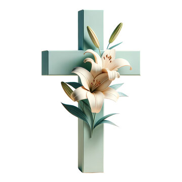 recommend clip art: Minimal soft color Cross decorated with Easter lilies, Easter Sunday ,3D rendering png , isolated on a transparent background	