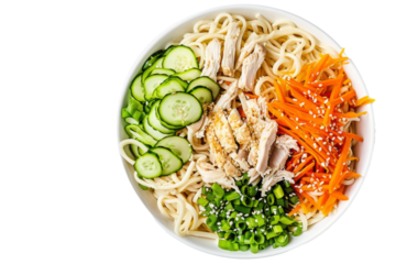 top view of Chinese cold noodle salad with chilled noodles, shredded chicken, cucumber, carrots, and a sesame dressing.