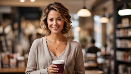 A woman with a warm smile, holding a cup of coffee, with a cozy bookstore interior blurred in the background, conveying comfort and simplicity . generative AI - obrazy, fototapety, plakaty