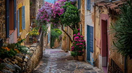 Foto op Aluminium In the heart of Bormes les Mimosas, the narrow cobblestone streets wind through the old town, flanked by ancient stone buildings adorned with colorful shutters © usama
