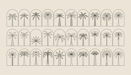 Palm tree arch frame thin line icon abstract design summer logo template modern minimal linear emblem for vacations rentals and travel services. Vector illustration