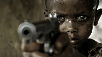 A child with a weapon in his hands protects his family. Warfare, fear, social problems - obrazy, fototapety, plakaty
