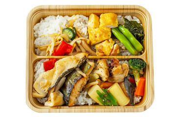 Japanese bento box filled with rice, grilled fish or chicken, pickled vegetables, and tamagoyaki.