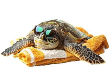 A turtle lying on a beach towel with sunglasses on, soaking up the sun's rays.