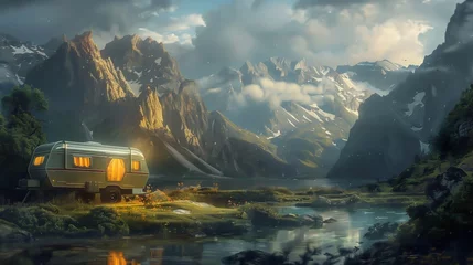 Schilderijen op glas A camping trailer against the backdrop of a mountain landscape © frimufilms