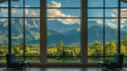 A view of a mountain landscape through a large window