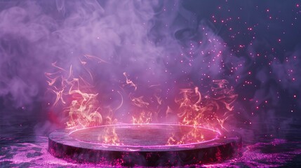 A mystical fire ring emanates pink sparks and smoke, creating an otherworldly atmosphere with a magical and enchanting vibe.