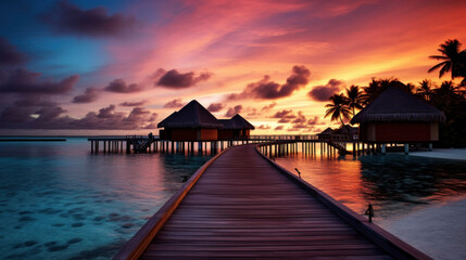 Fototapeta na wymiar Maldives at a resort on the island at sunset.
