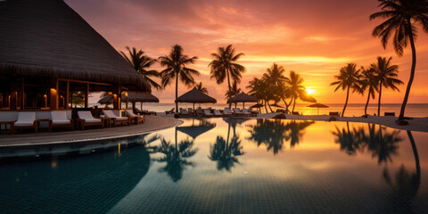 Maldives at a resort on the island at sunset. - obrazy, fototapety, plakaty