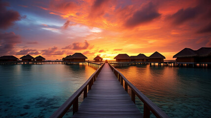 Obraz premium Maldives at a resort on the island at sunset.