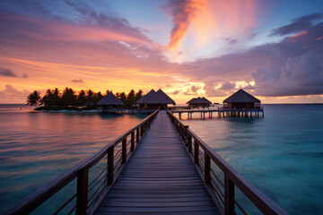 Fototapeta premium Maldives at a resort on the island at sunset.
