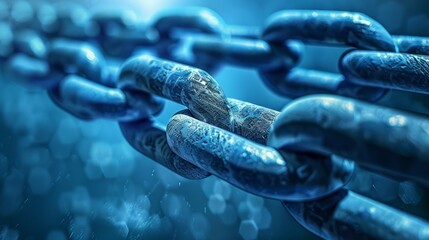 Close-up of a sturdy metal chain with a digital overlay, representing the concept of blockchain security and encryption in cyberspace.