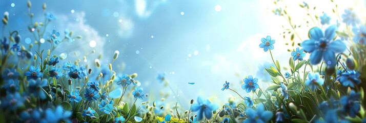 A panoramic spring background is formed as forget-me-not flowers bloom in a meadow under the sunny light - obrazy, fototapety, plakaty