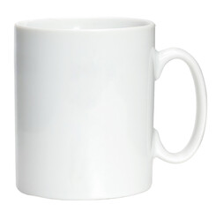 Blank White ceramic mug side view Isolated on a white for hot coffee mug or tea template design.