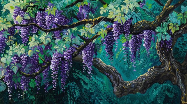 The Purple Ipe tree, with its vibrant violet blooms cascading down long, slender branches like delicate clusters of grapes, contrasted against deep green foliage