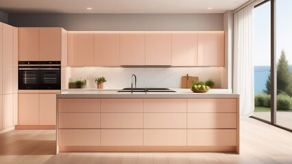 Peach modern kitchen interior with big table, big kitchen in modern house 