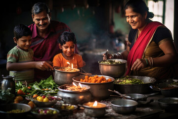 Hindu family prepares dishes rich in symbolic significance for a religious festival.