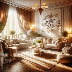 Cozy, Luxurious Living Room Bathed In Golden Morning Light, Celebrating Mother's Day,