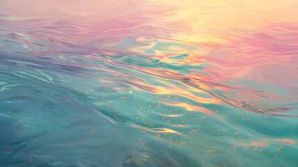 An abstract representation of a calm sea at sunset in fluid acrylic art, where soft pinks and purples 